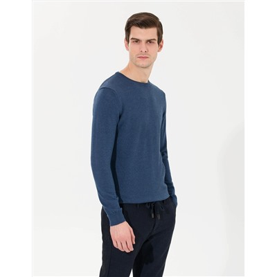 İndigo Melanj Slim Fit Bisiklet Yaka Basic Triko Kazak