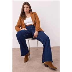 Koyu Mavi Yüksek Bel Paçası Kesikli Straight Fit Denim Büyük Beden Jeans TBBAW26CJ00033
