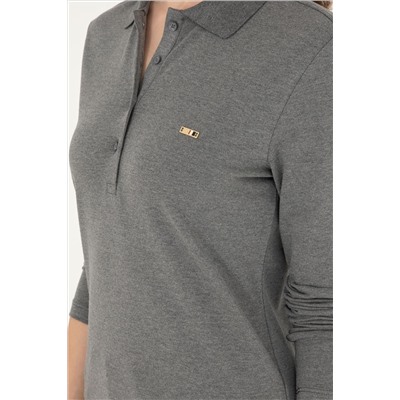 Kadın Antrasit Melanj Basic Polo Yaka Sweatshirt