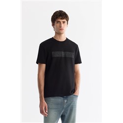 Siyah Bisiklet Yaka Baskılı Elastan T-Shirt