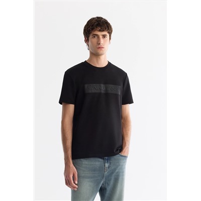 Siyah Bisiklet Yaka Baskılı Elastan T-Shirt