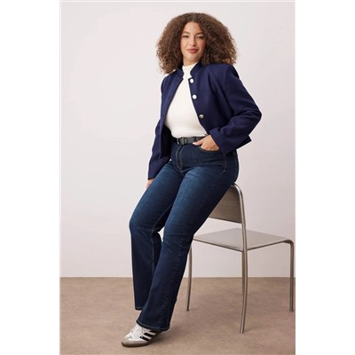 Koyu Mavi Yüksek Bel İspanyol Paça Flare Fit Denim Büyük Beden Jeans TBBAW26CJ00034