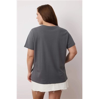 Antrasit Bisiklet Yaka %100 Pamuk Örme T-Shirt TBBSS23BF00030