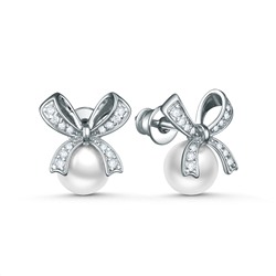 Серьги-пусеты из серебра с жемчугом Swarovski и фианитами родированные - Бантики 2-146р1001