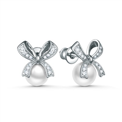 Серьги-пусеты из серебра с жемчугом Swarovski и фианитами родированные - Бантики 2-146р1001