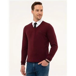 Bordo Slim Fit V Yaka Basic Triko Kazak