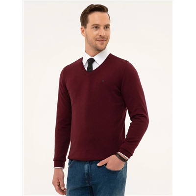 Bordo Slim Fit V Yaka Basic Triko Kazak