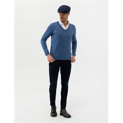 İndigo Melanj Slim Fit V Yaka Basic Triko Kazak