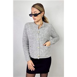 Ritnice Kadın Cozy Cepli Gri Buklet Hırka 1289