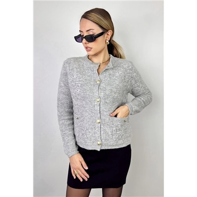 Ritnice Kadın Cozy Cepli Gri Buklet Hırka 1289