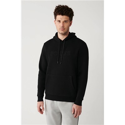 Avva Erkek Siyah Şardonlu Kumaş Kapüşonlu Yaka Süzene Nakışlı Kanguru Cepli Sweatshirt A32y1193 A32Y1193