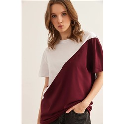 Olalook, Kadın Bordo Beyaz Asimetrik Bloklu Tişört TSH-19000350