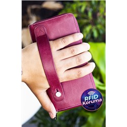 Garbalia, Orleans Vintage Deri Bordo Telefon Bölmeli El Çantası Cüzdan Kartlık