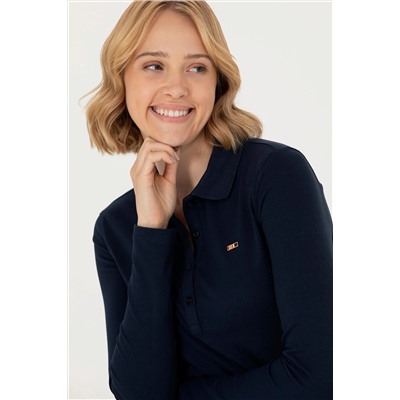 Kadın Lacivert Basic Polo Yaka Sweatshirt