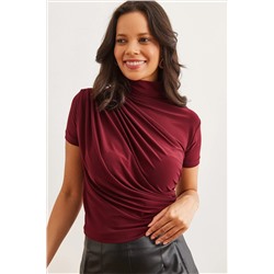 Olalook Kadın Bordo Drape Detaylı Kısa Kollu Dökümlü Bluz BLZ-19002672