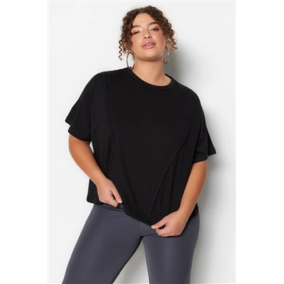 Siyah Bisiklet Yaka Dikiş Detaylı %100 Pamuk Örme Crop T-Shirt TBBSS23BF00037