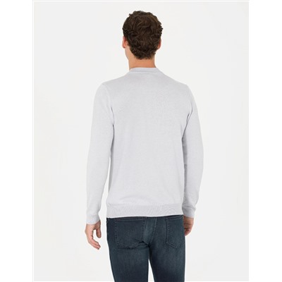 Krem Melanj Slim Fit Çeyrek Yaka Basic Triko Kazak