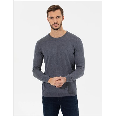 Gri Melanj Slim Fit Bisiklet Yaka Basic Triko Kazak