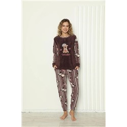 SEBOTEKS Sevimli Geyik Desenli Çizgili Peluş Polar Cepli Kadın Pijama Takımı 20288 SBT20288