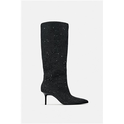 RHINESTONE DENIM HIGH-HEEL BOOTS