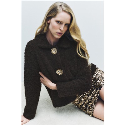 FAUX FUR KNIT JACKET WITH FLOWER BUTTONS