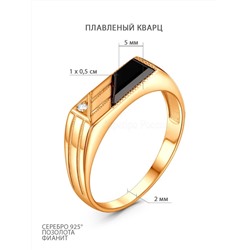 Печатка мужская из золочёного серебра с чёрным плавленым кварцем и фианитом 3302570з