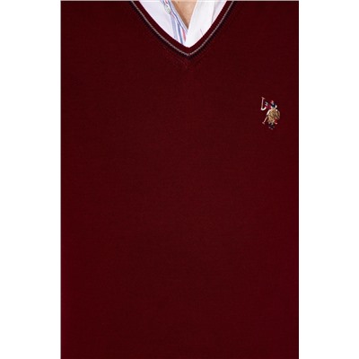 Erkek Bordo V - Yaka Basic Triko Kazak