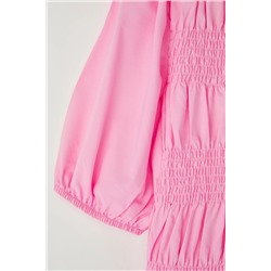 Pembe Dik Yaka Balon Kısa Kol Gipeli Esnek Dokuma Büyük Beden Gömlek TBBSS25AX00013