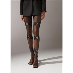Gekräuselte Strumpfhose mit Schnallenmotiv aus Strass.