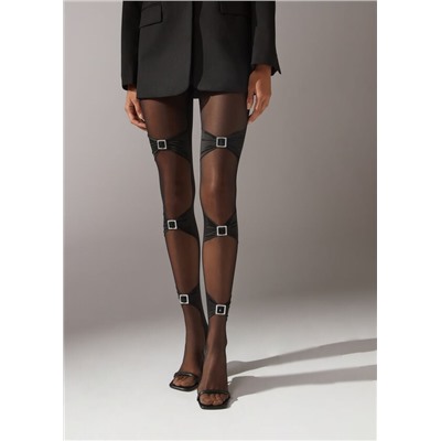 Gekräuselte Strumpfhose mit Schnallenmotiv aus Strass.