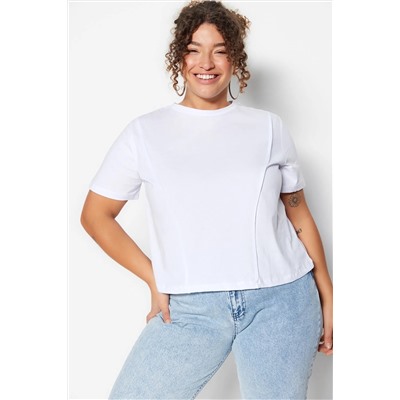 Beyaz Regular Bisiklet Yaka Dikiş Detaylı %100 Pamuk Örme Crop Büyük Beden T-Shirt TBBSS23BF00037