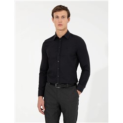Siyah Slim Fit Armürlü Uzun Kollu Gömlek