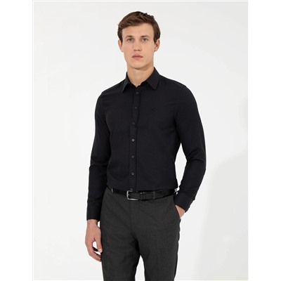 Siyah Slim Fit Armürlü Uzun Kollu Gömlek