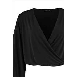 Siyah Balon Kol Kruvaze Yaka Örme Crop Bluz TBBAW23AF00029
