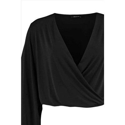 Siyah Balon Kol Kruvaze Yaka Örme Crop Bluz TBBAW23AF00029