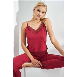 Siyah İnci Bordo Pamuklu Ip Askılı Dantelli Pijama Takım 7558