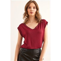 Olalook Kadın Bordo Gümüş Dikiş Detaylı V Yaka Örme Viskon Bluz BLZ-19002659