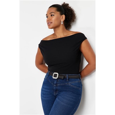 Siyah Kayık/Degaje/Madonna Yaka Örme Bluz TBBSS24AF00021