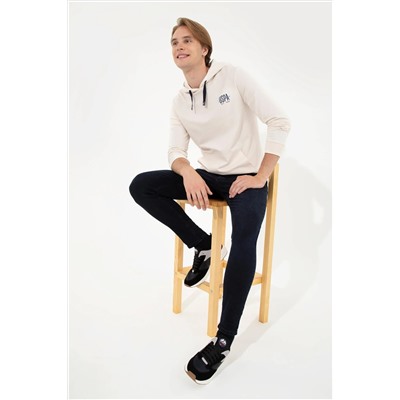 Erkek Ekru Kapüşonlu Basic Sweatshirt
