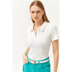 Olalook, Kadın Ekru Polo Yaka Düğmeli Likralı Bluz BLZ-19002558