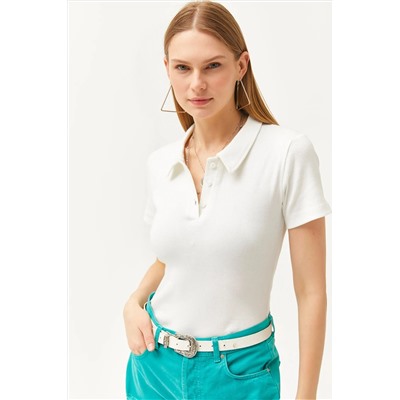 Olalook, Kadın Ekru Polo Yaka Düğmeli Likralı Bluz BLZ-19002558