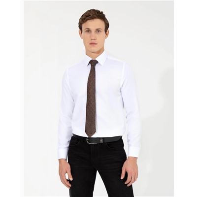 Beyaz Slim Fit Armürlü Uzun Kollu Gömlek