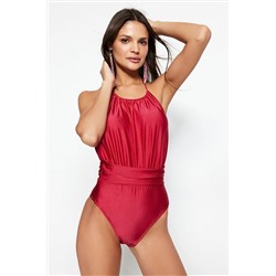 TRENDYOLMİLLA Bordo Halter Yaka Büzgülü Normal Paça Mayo TBESS23MA00026