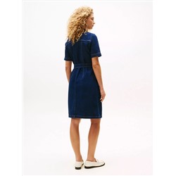 Short-Sleeve Belted Denim Dress