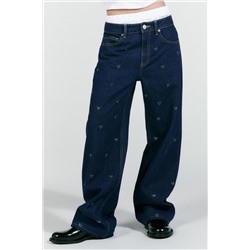 TRF WIDE-LEG RHINESTONE HEART MID-WAIST JEANS