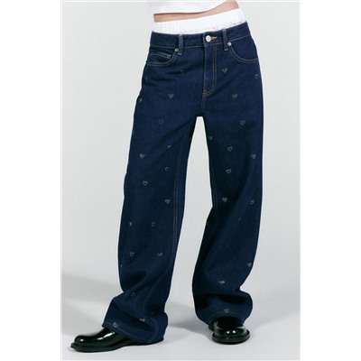 TRF WIDE-LEG RHINESTONE HEART MID-WAIST JEANS