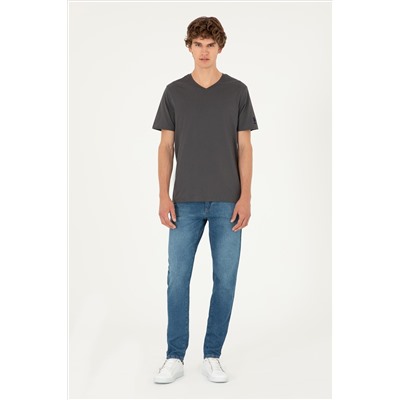 Erkek Regular Fit V Yaka Antrasit Basic Tişört