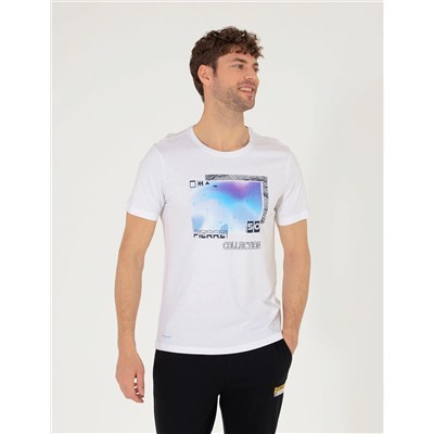 Beyaz Slim Fit Baskılı Bisiklet Yaka Tişört