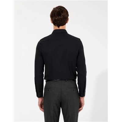 Siyah Slim Fit Armürlü Uzun Kollu Gömlek