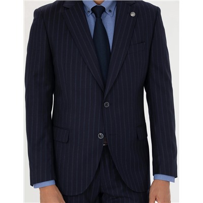 %100 Yün Lacivert Çizgili Ekstra Slim Fit Takım Elbise